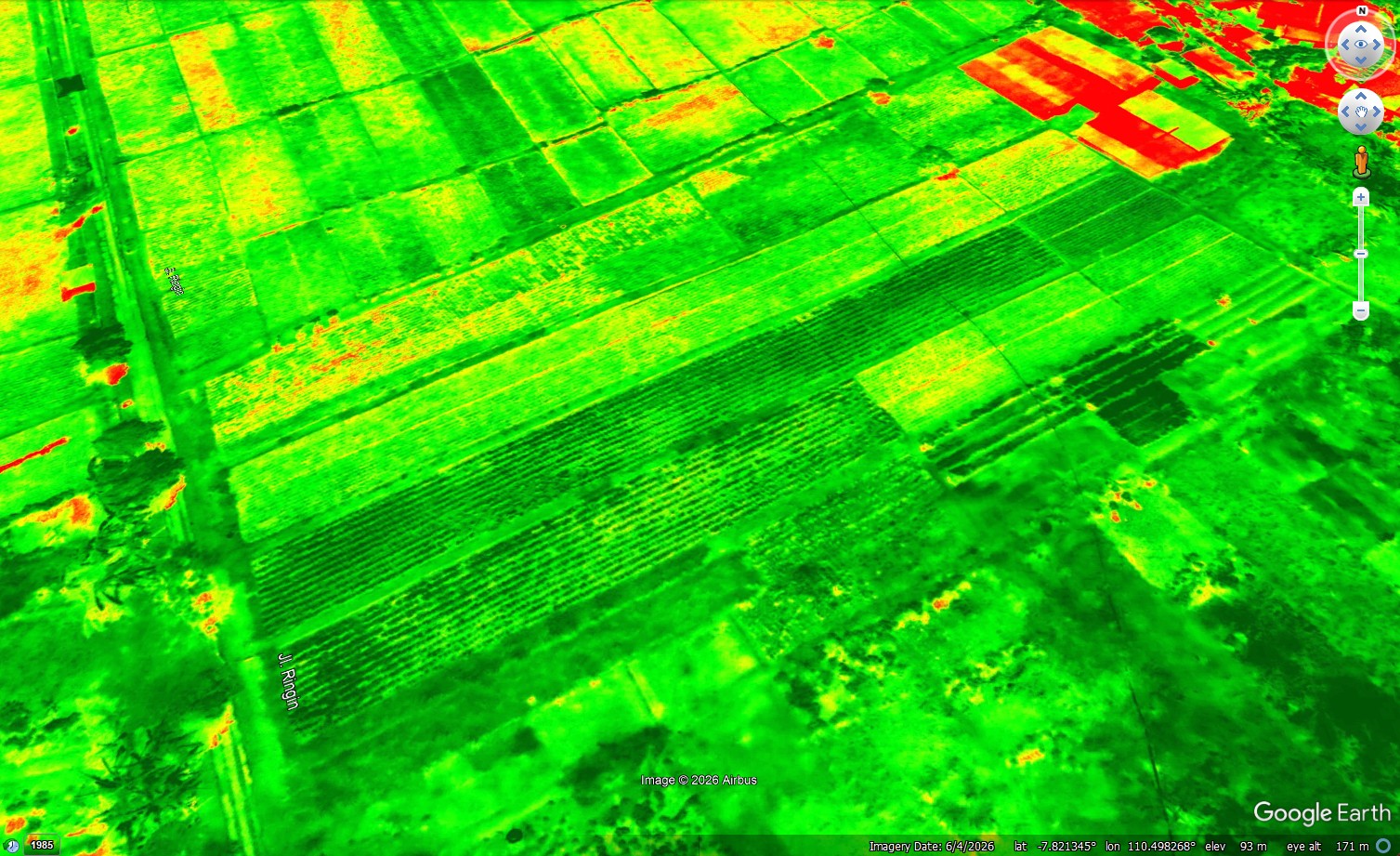 Overlay NDVI pada Google Earth untuk konteks spasial lahan.